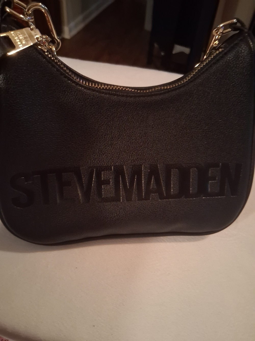 Steve Madden Black Embossed Logo Shoulder Crossbody Bag with Gold Hardware